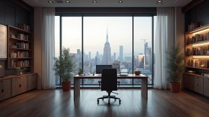 Paysage urbain avec gratte-ciel depuis un bureau élégant