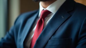 Gros plan d'un costume bleu marine, d'une chemise blanche et d'une cravate rouge.