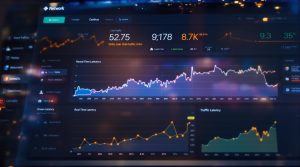 Tableau de bord réseau affichant les indicateurs clés de performance (KPI) tels que le trafic, la latence et les statistiques